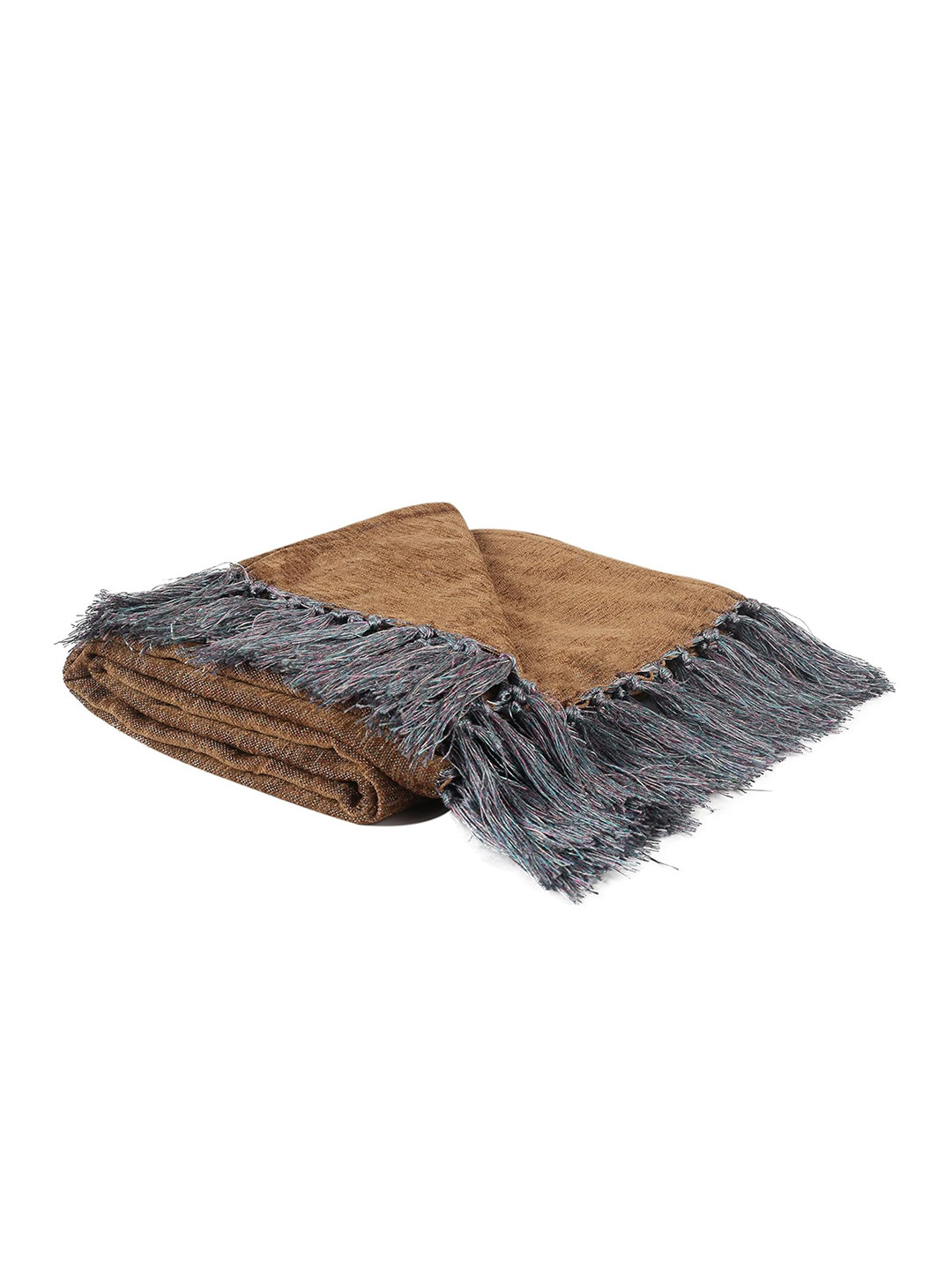 CAZIMO Brown & Grey Fringed Soft Chenille Sofa Throw