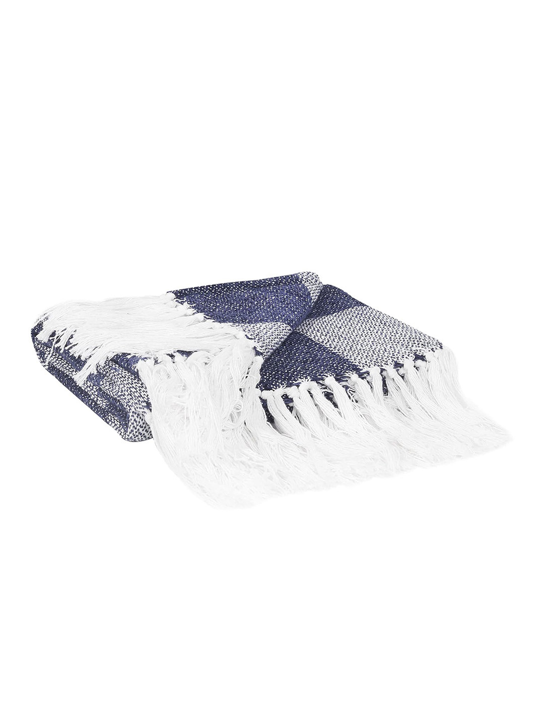CAZIMO Blue & White Self Design Cotton Chenille Throw