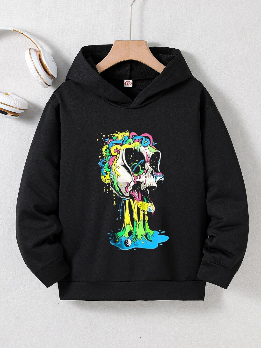 StyleCast Boys Black Graphic Printed Hooded Pullover Sweatshirt