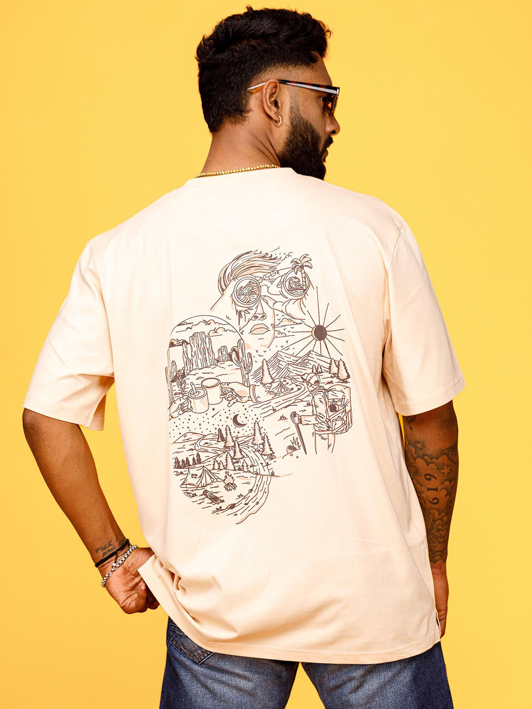 WANDERLOOMS Graphic Printed Round Neck Fusion Cotton Oversized T-shirt