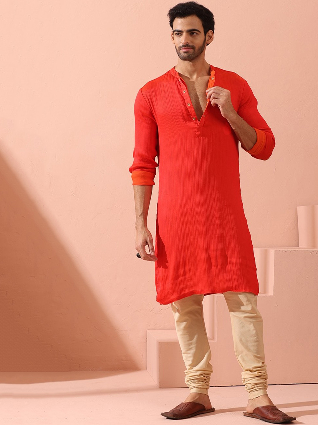 Swtantra Reversible Mandarin Collar Chiffon Straight Kurta
