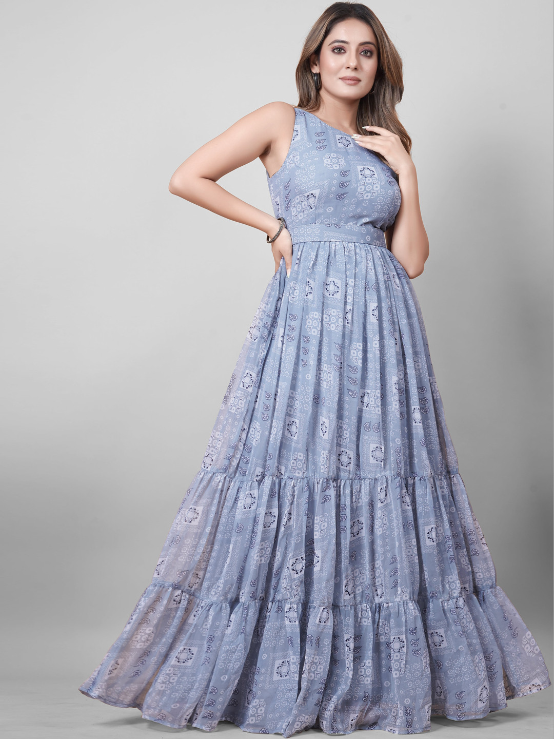 CHANSI Floral Printed Sleeveless Georgette Tiered Belted Maxi Dress