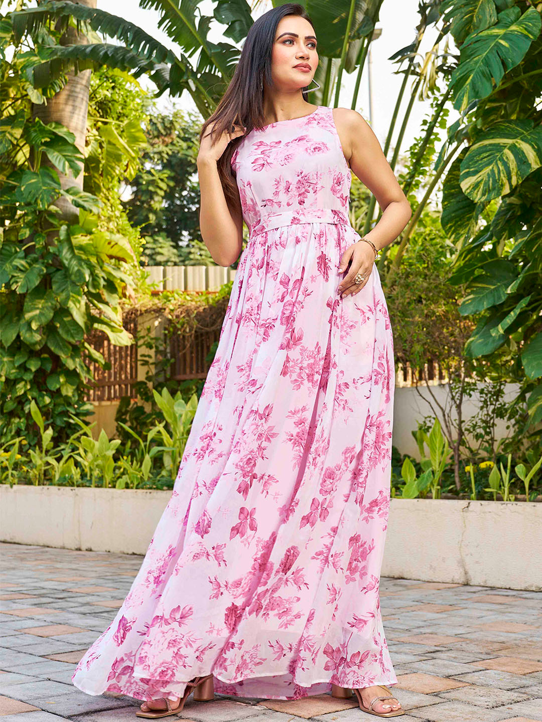 CHANSI Floral Printed Sleeveless Georgette Belted Maxi Dress