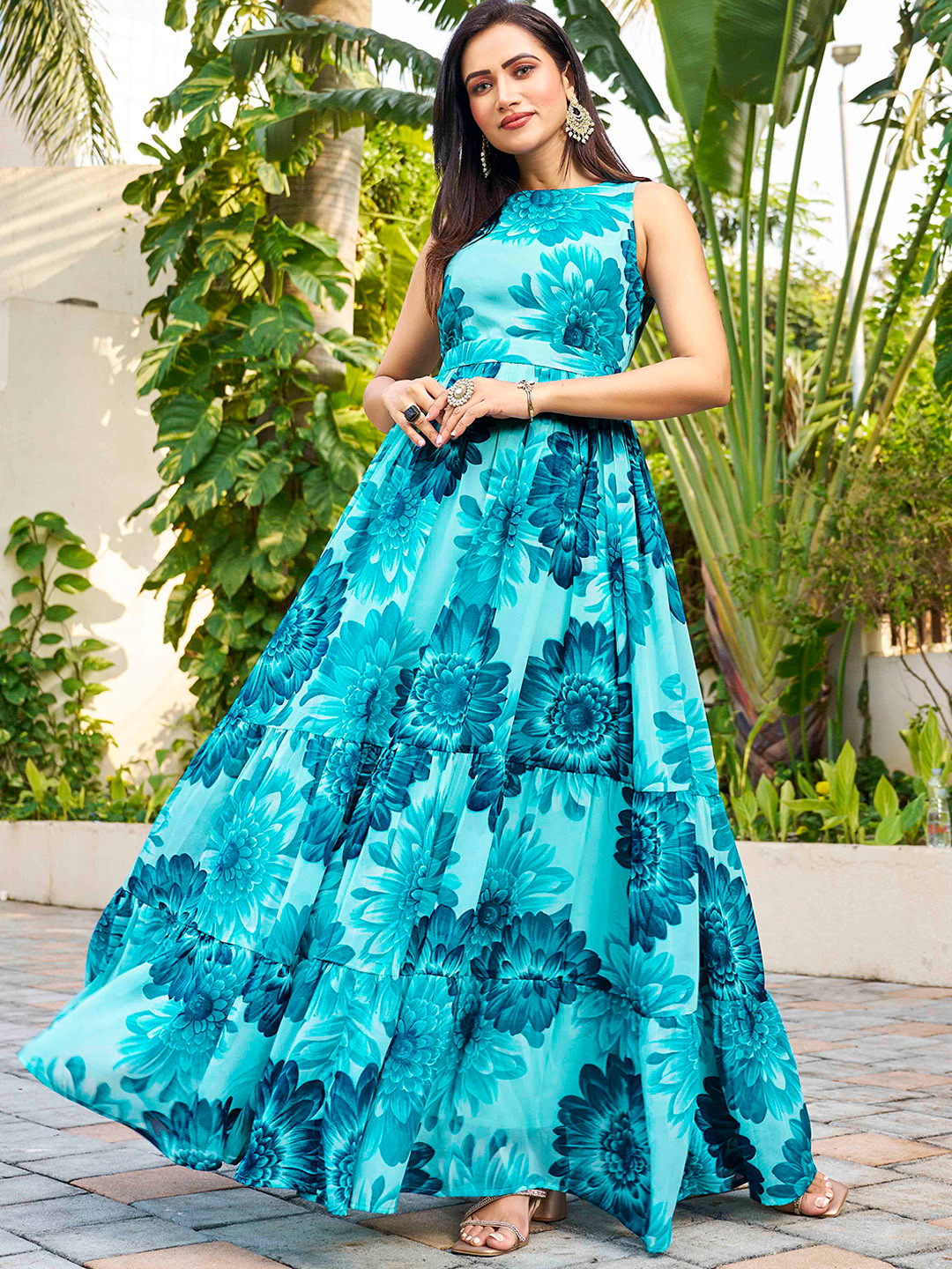 CHANSI Floral Printed Sleeveless Georgette Belted Maxi Dress