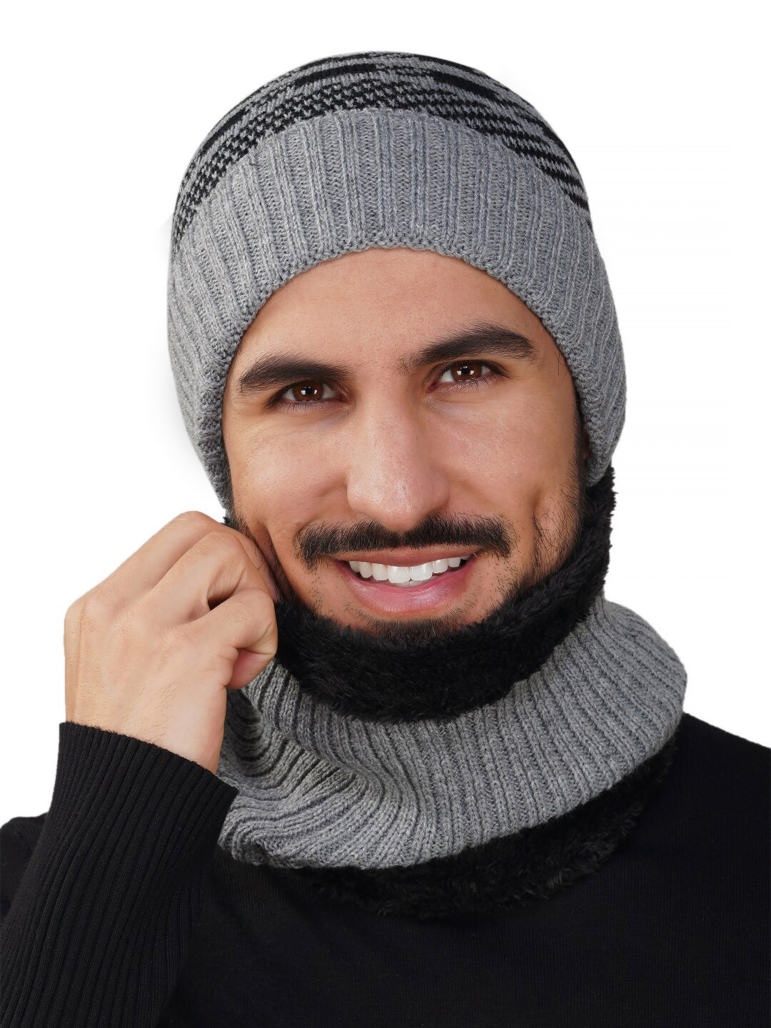iSWEVEN Unisex Colourblocked Woolen Beanie Cap With Neck Warmer