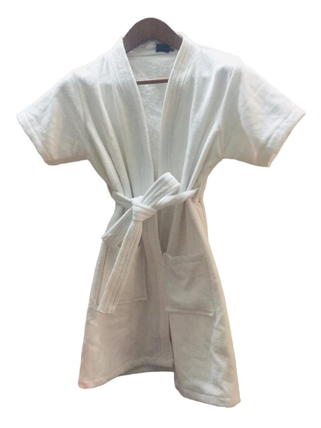 GAB White Solid Cotton Drawstring Knee Length Bath Robe-9-10Y