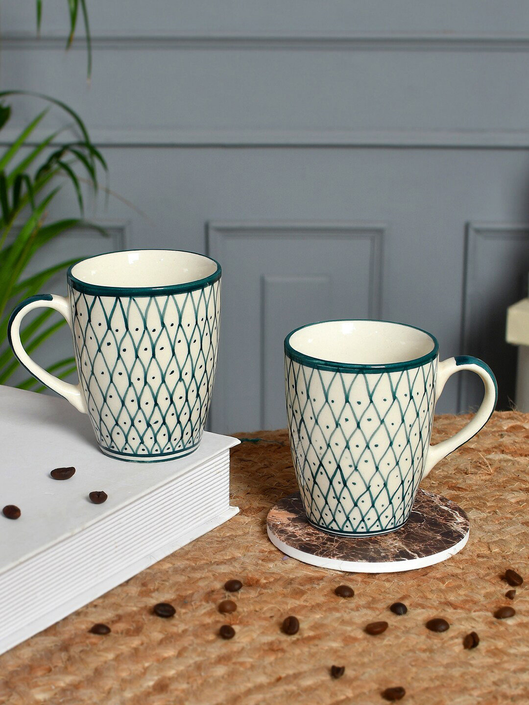 Aapno Rajasthan Gold Print Beige Geometric Ceramic Handmade 2 Piece Cups-250ml