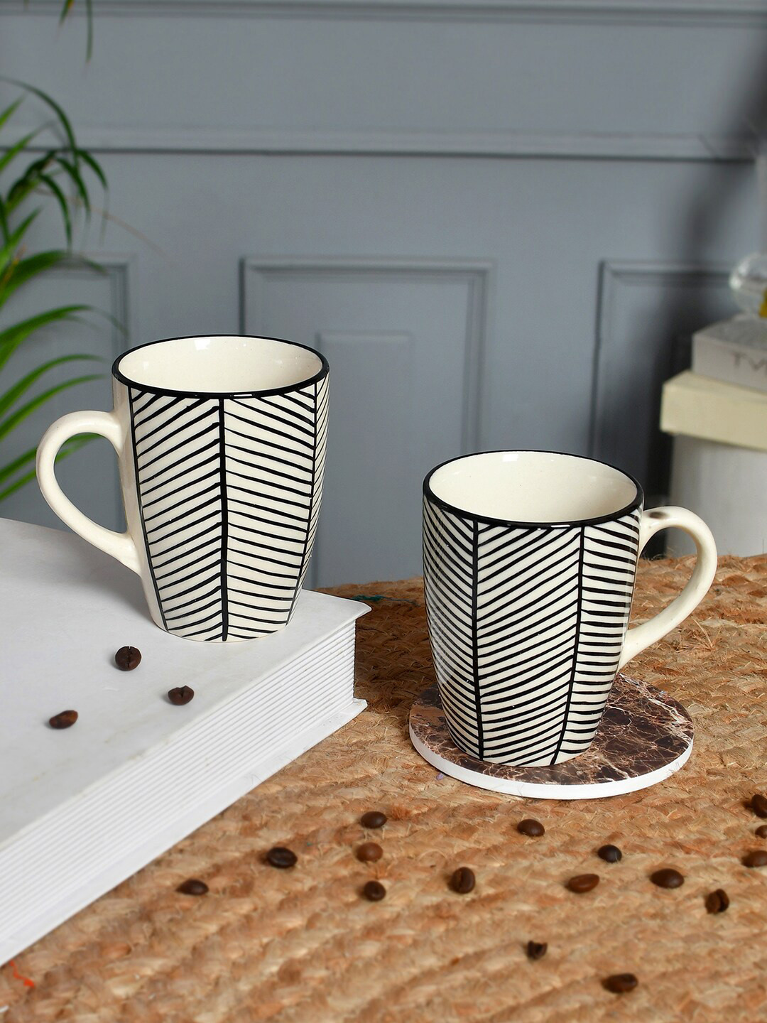 Aapno Rajasthan Matki Shaped White Striped Ceramic Handmade 2 Piece Mugs-250ml