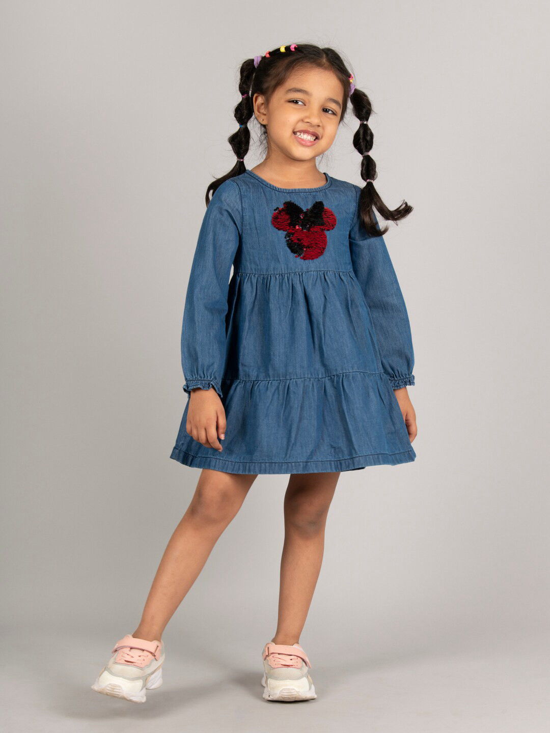 Zalio Sequinned Puff Sleeves Tiered Cotton Denim A-Line Dress