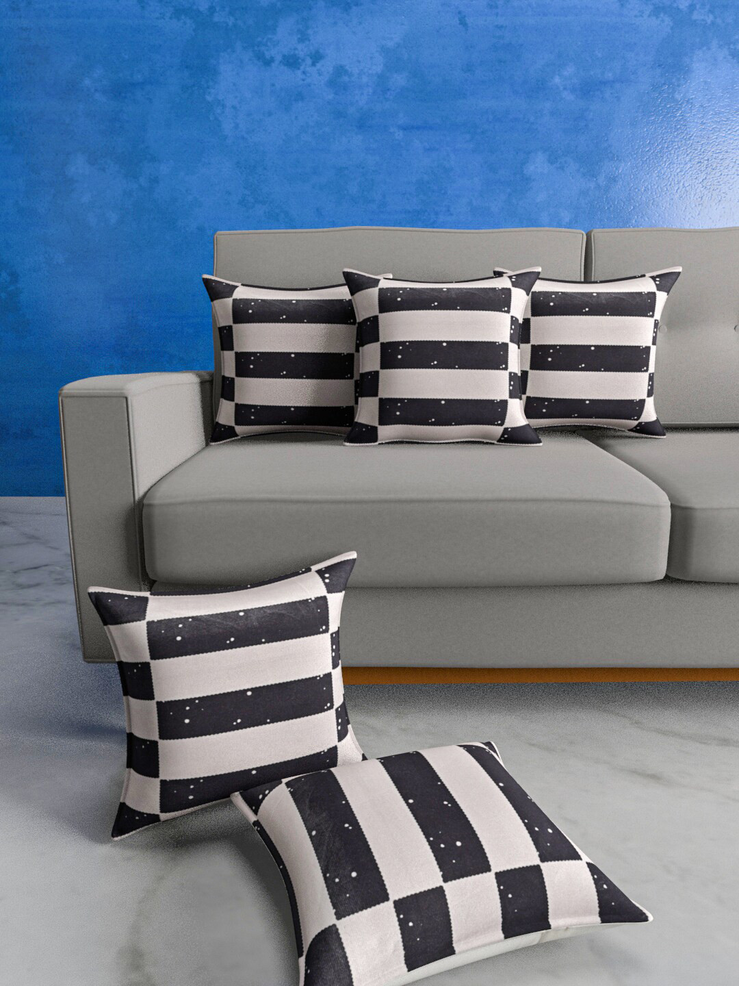 Urban Magic Black Geometric Polyester Washable 5 Pcs Cushion Covers - 12 x 12 Inches