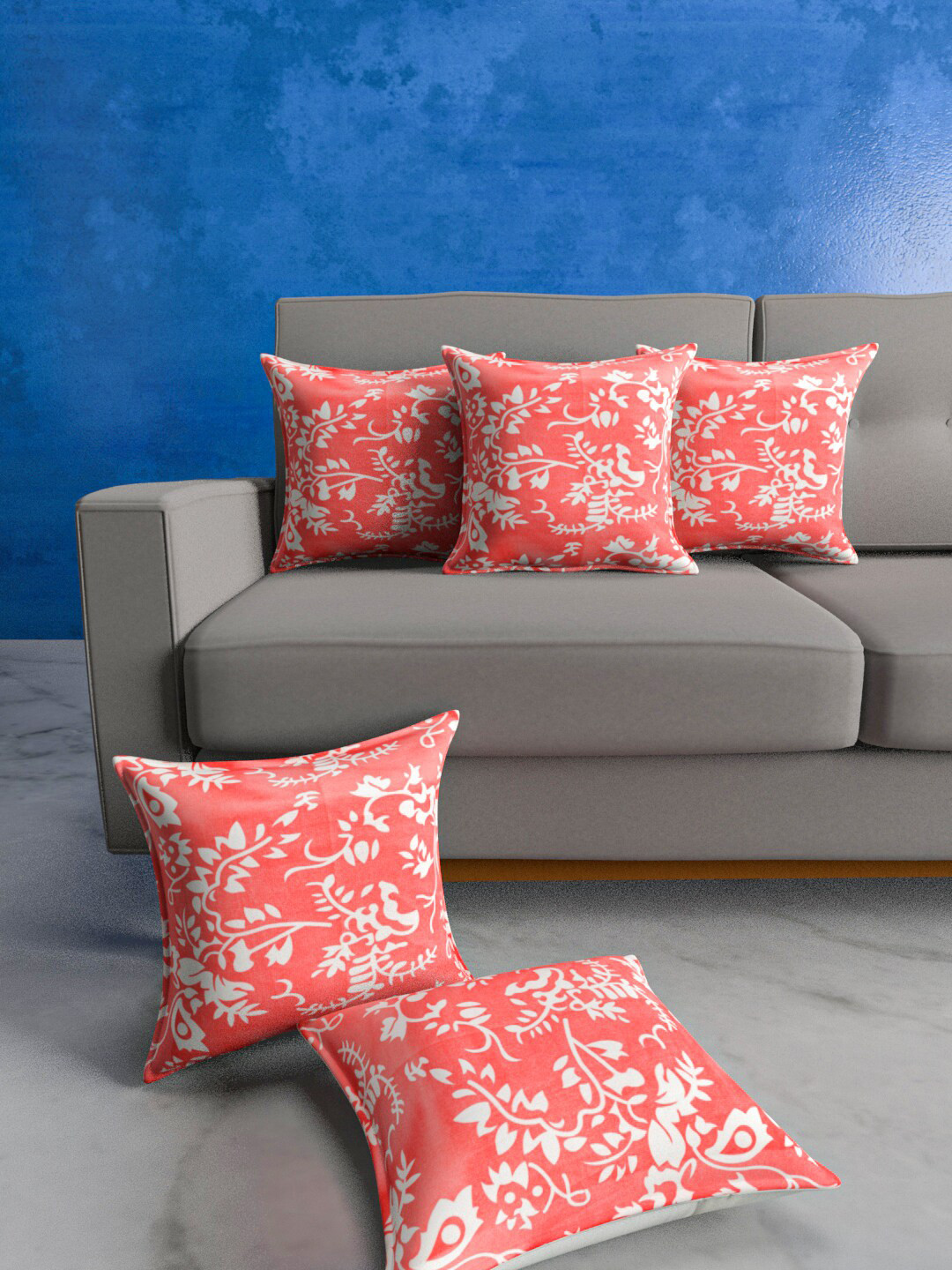 Urban Magic Red & White 5 Pcs Floral Square Cushion Covers