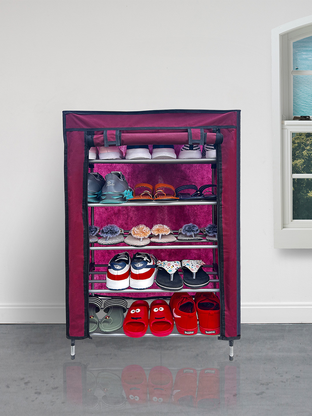 Urban Choice Maroon & Black 5 Shelves Non Woven Shoes Rack