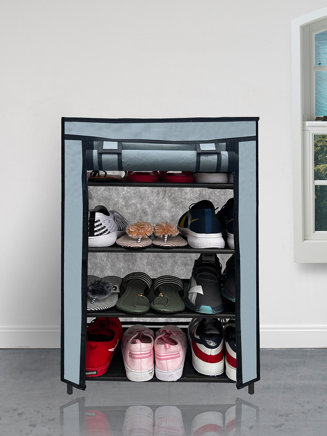 Urban Choice Grey & Black 4 Shelves Non Woven Shoes Rack