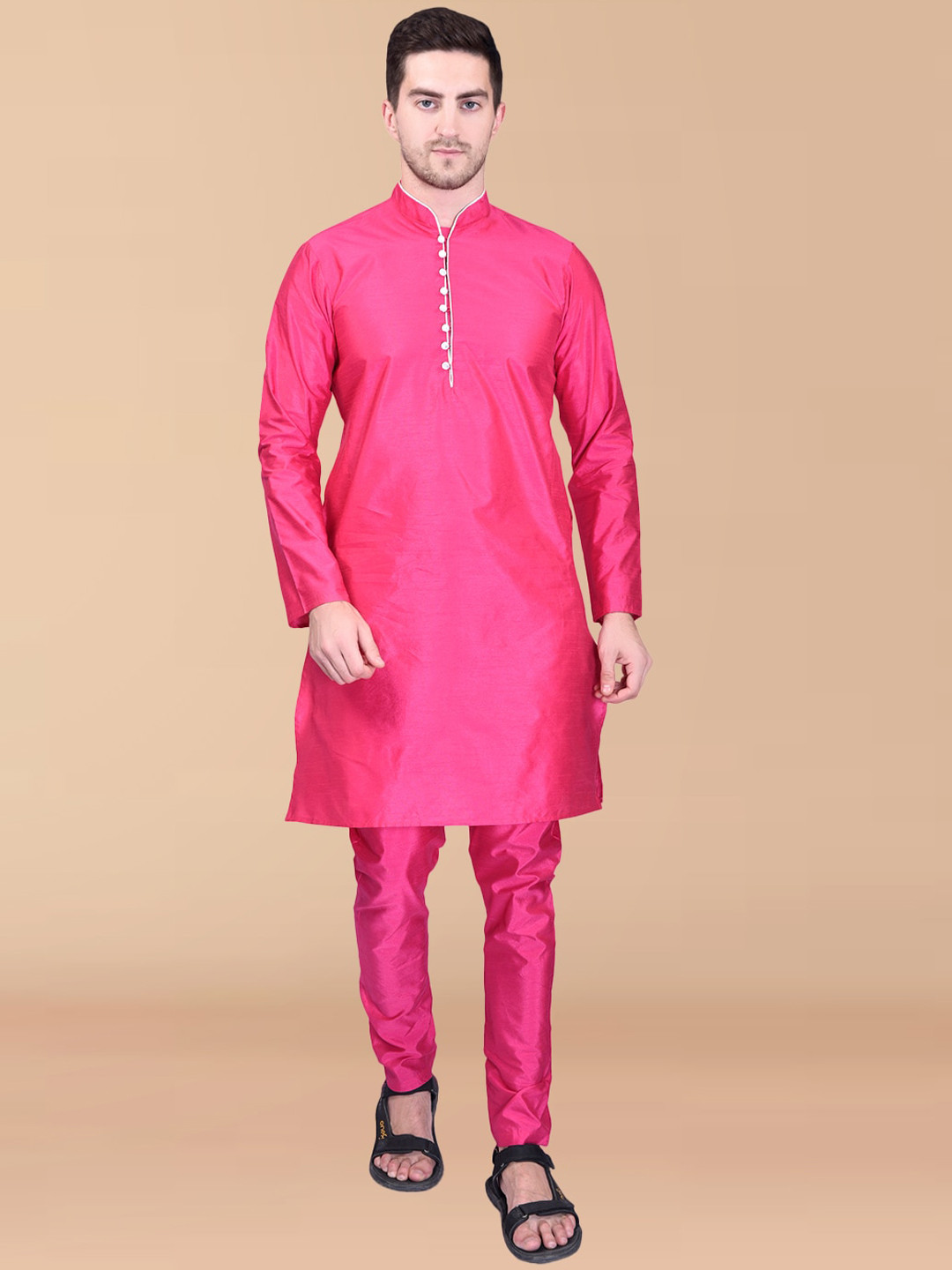 PRINTCULTR Mandarin Collar Regular Pure Silk Kurta With Pyjamas