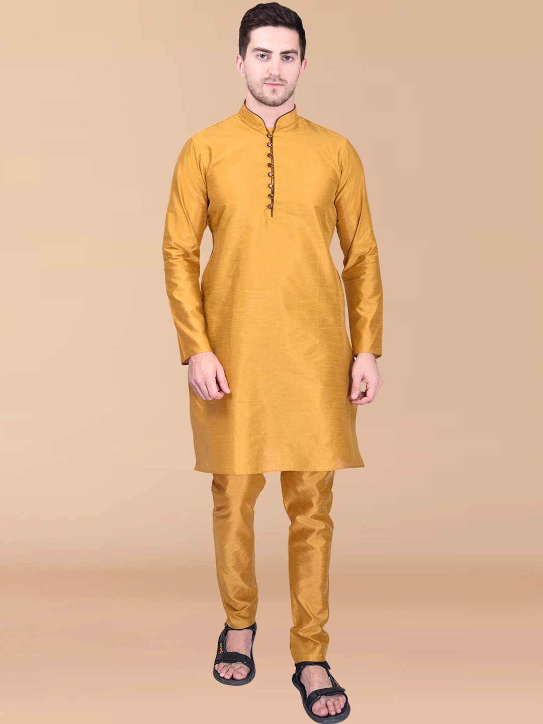 PRINTCULTR Mandarin Collar Pure Silk Kurta With Trousers