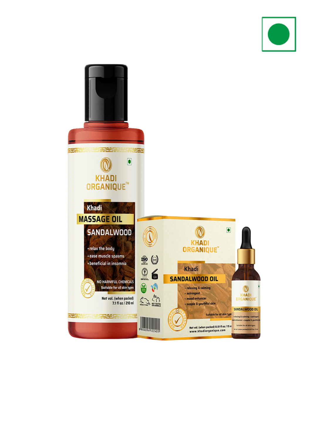 Khadi Organique Set of 2 Sandalwood Massage Oil 210ml & Sandalwood Oil 15ml