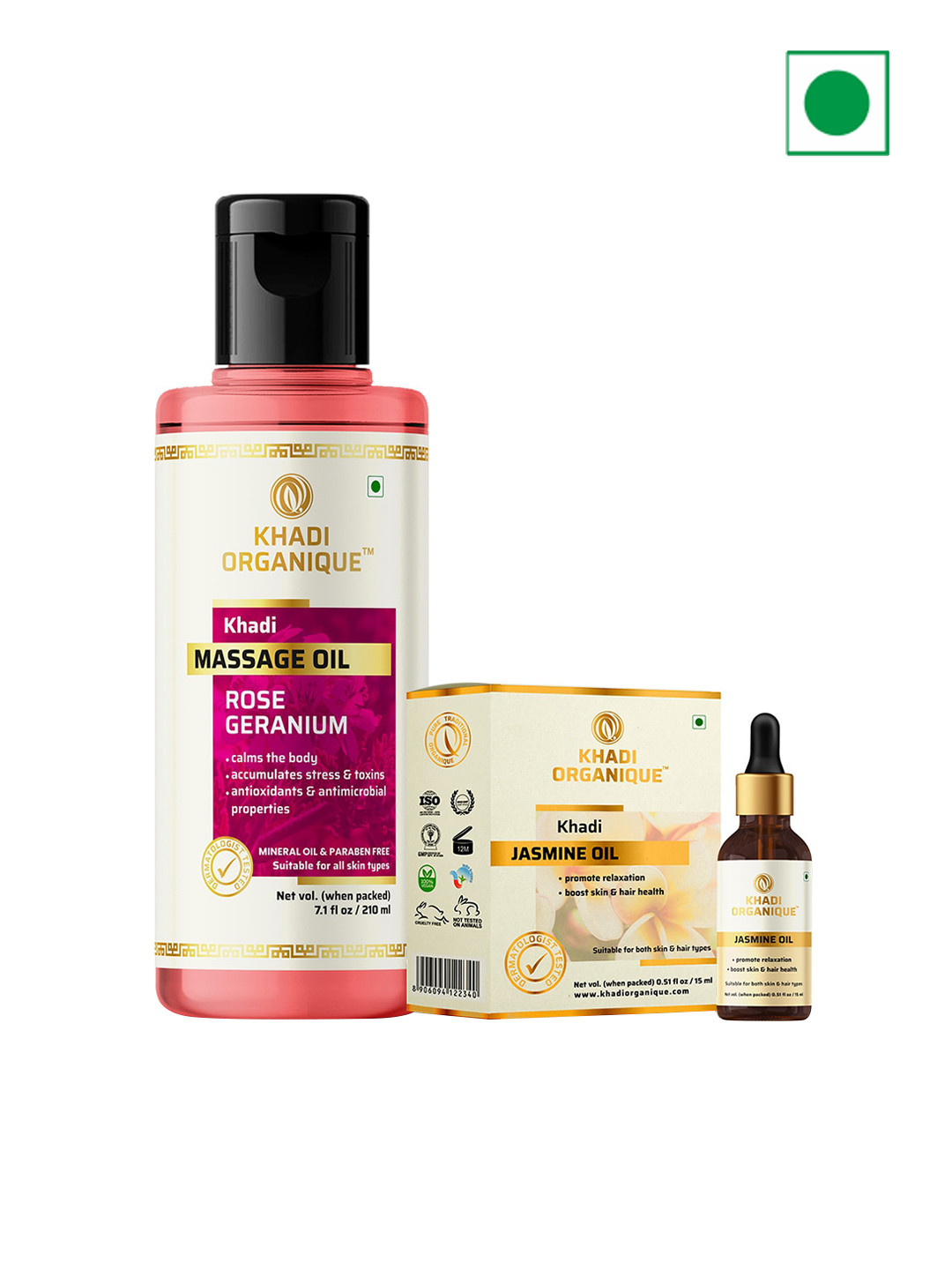 Khadi Organique Set of 2 Rose Geranium Massage Oil 210ml & Jasmine Essential Oil 15ml