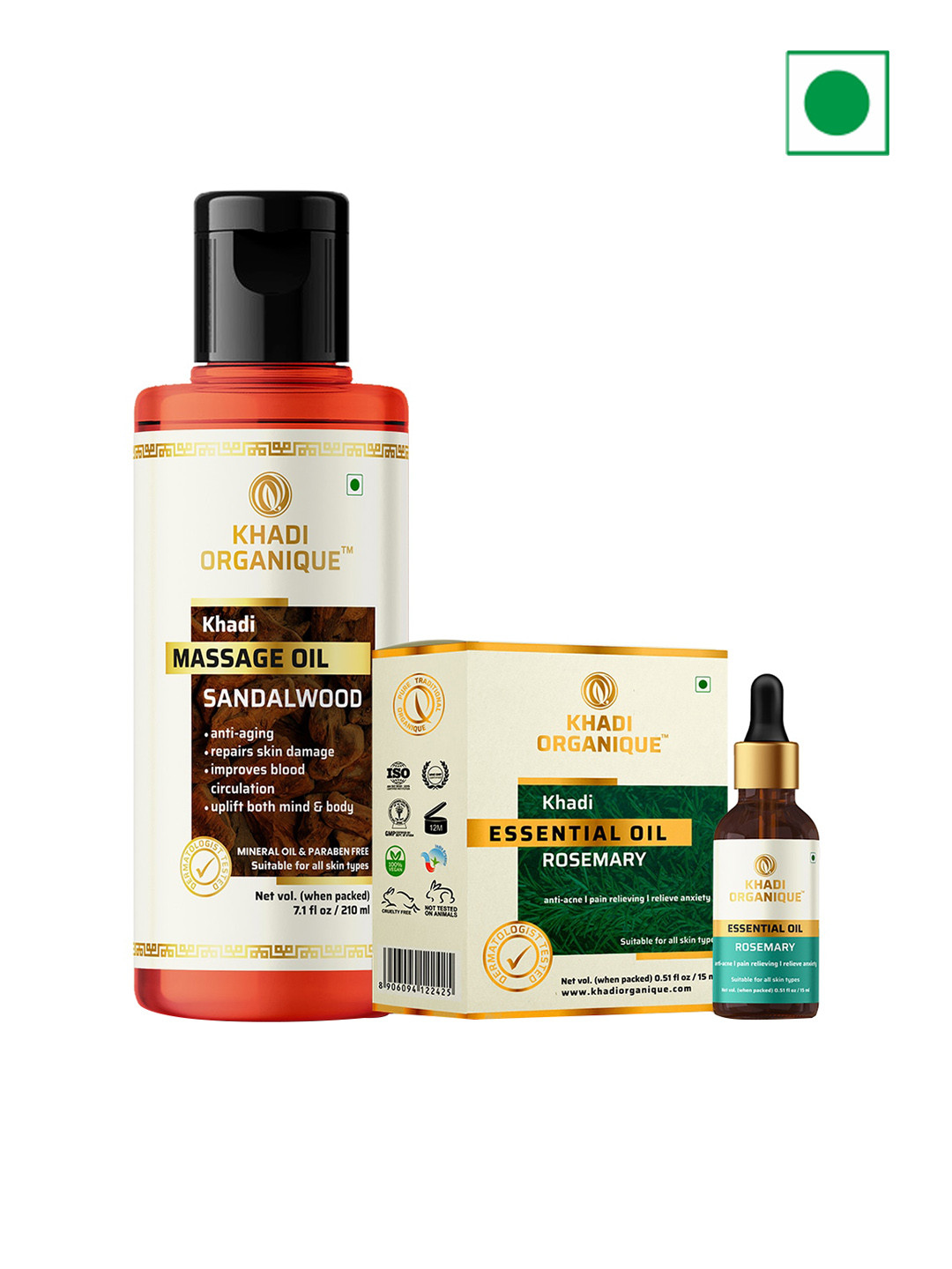 Khadi Organique Set of 2 Sandalwood Massage Oil 210ml & Rosemary Essential Oil 15ml