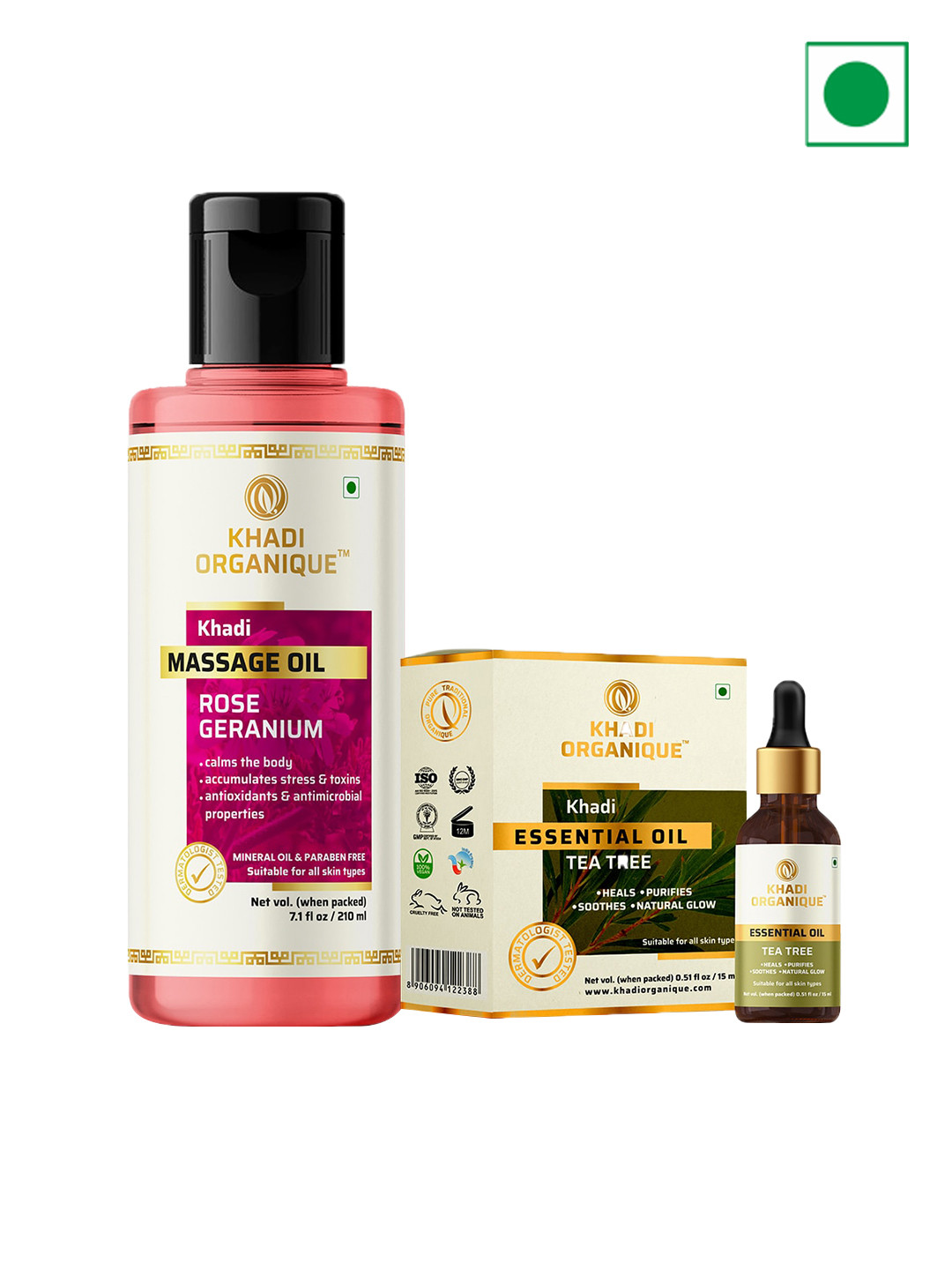 Khadi Organique Set of 2 Rose Geranium Massage Oil 210ml & Tea Tree Essential Oil 15ml