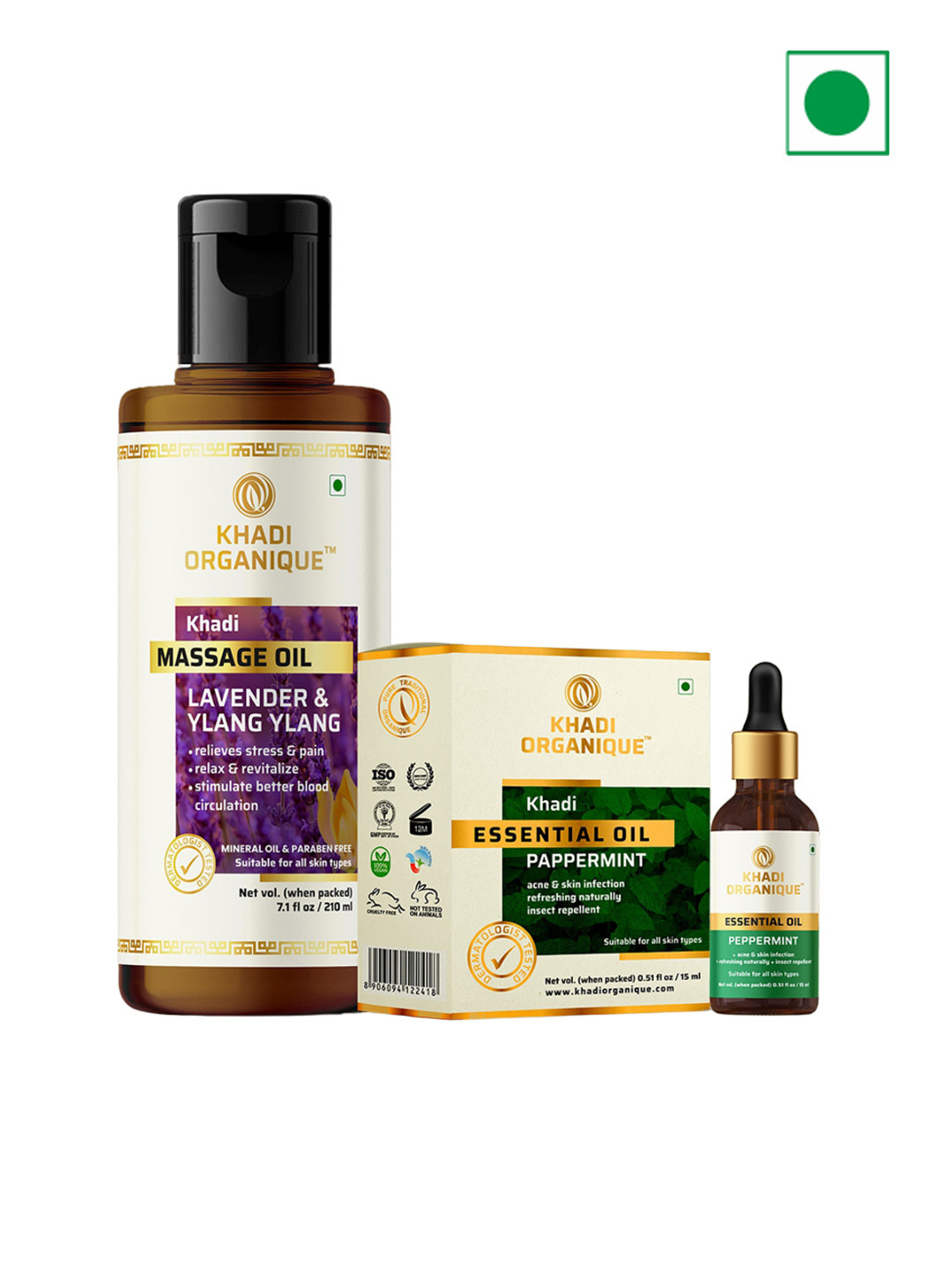 Khadi Organique Set of 2 Lavender Massage Oil 210ml & Peppermint Essential Oil 15ml