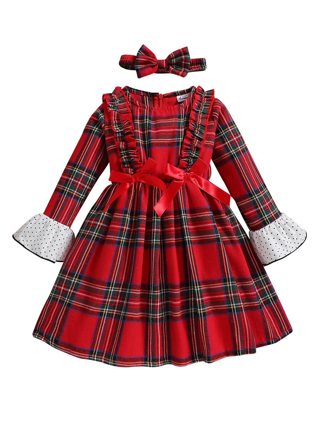 StyleCast Girls Red Checked Bell Sleeve Ruffled Fit & Flare Dress