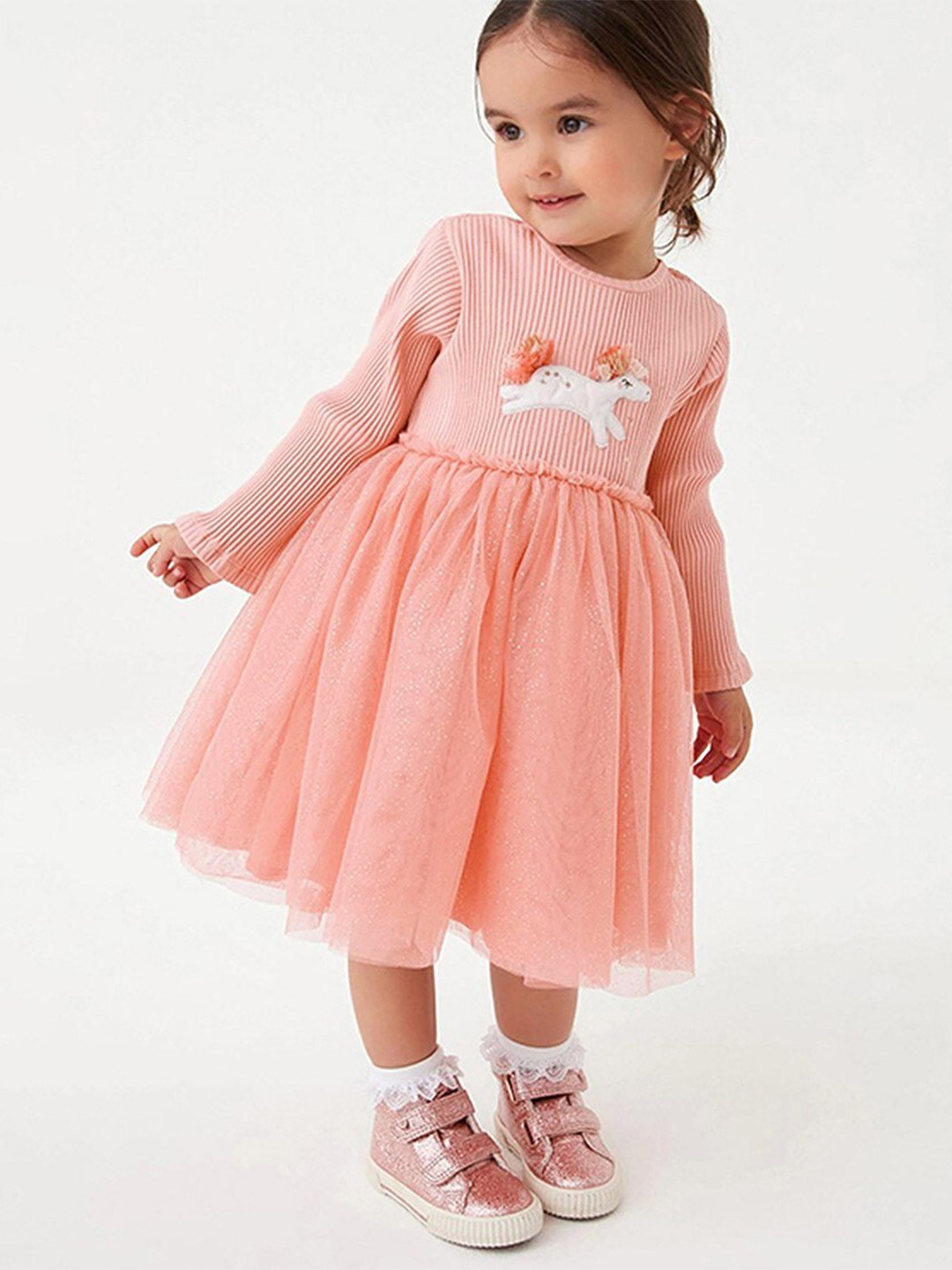 StyleCast Girls Pink & White Embellished Gathered Or Pleated Cotton T-shirt Midi Dress