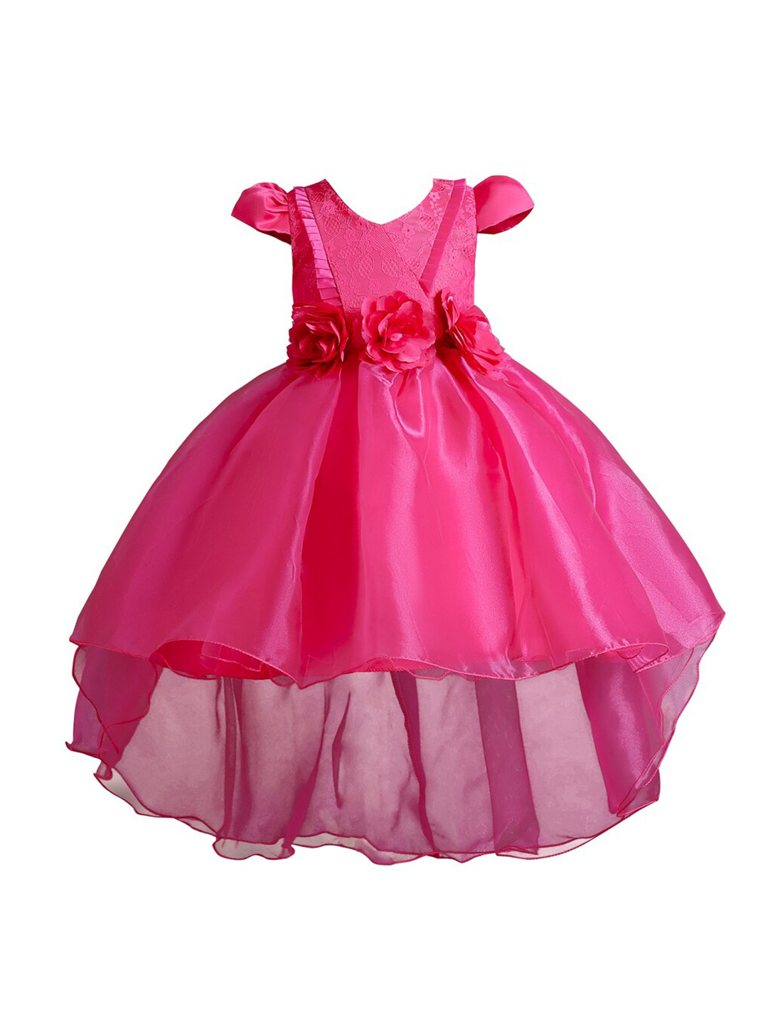 StyleCast Fuchsia Round Neck Cap Sleeves Gathered Balloon Dress
