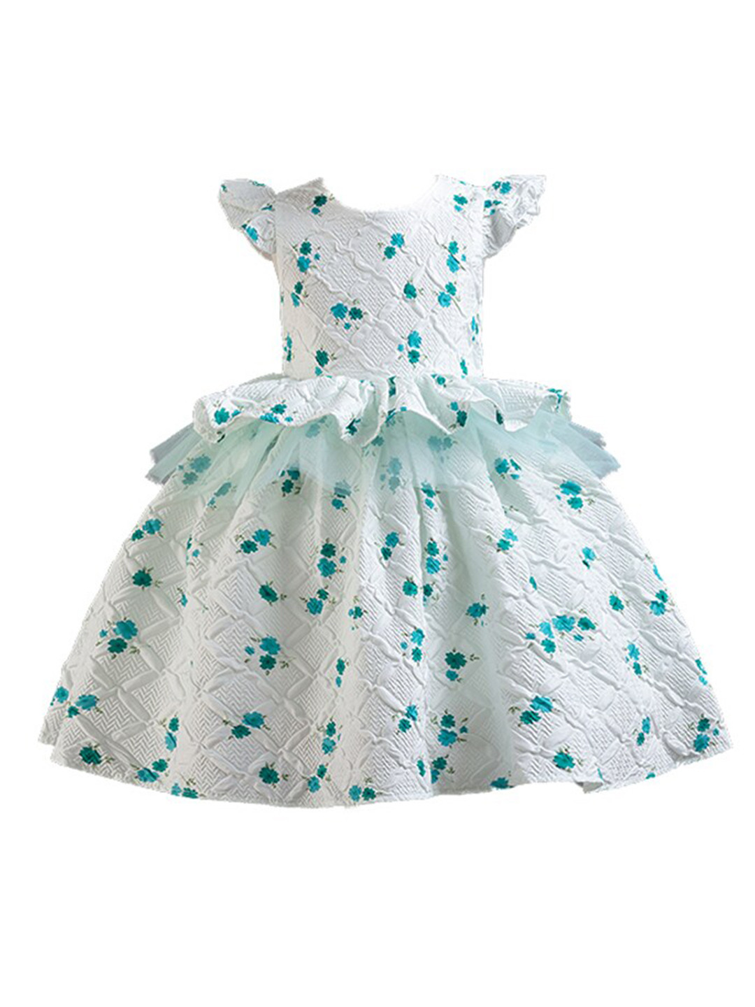 StyleCast Girls Green & White Floral Printed Cap Sleeves Layered Peplum Dress