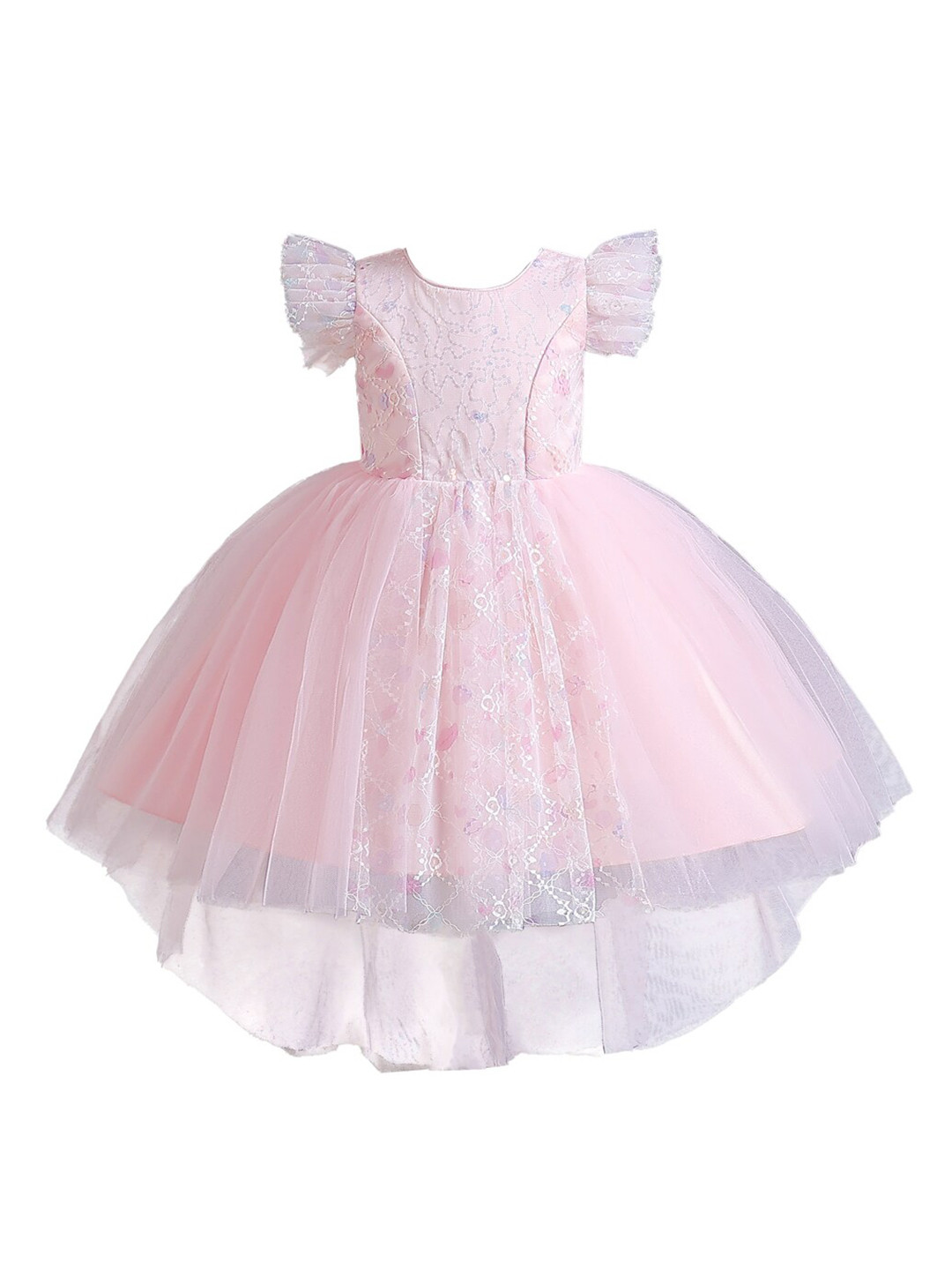 StyleCast Girls Pink Self Design Flutter Sleeves Sequinned Fit and Flare Dress