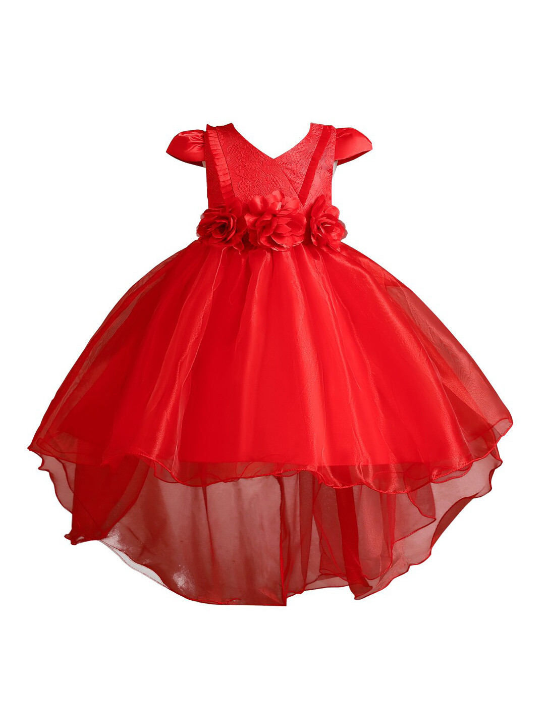 StyleCast Girls Red Floral Self Design V-Neck Cap Sleeves Applique Balloon Midi Dress