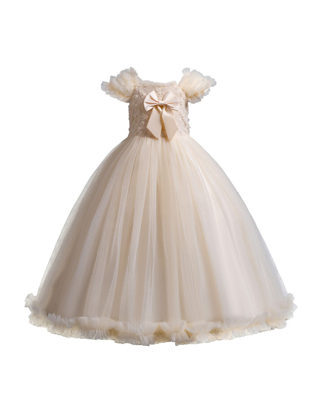 StyleCast Girls Champagne Cape Sleeves Bow Detailed Maxi Dress