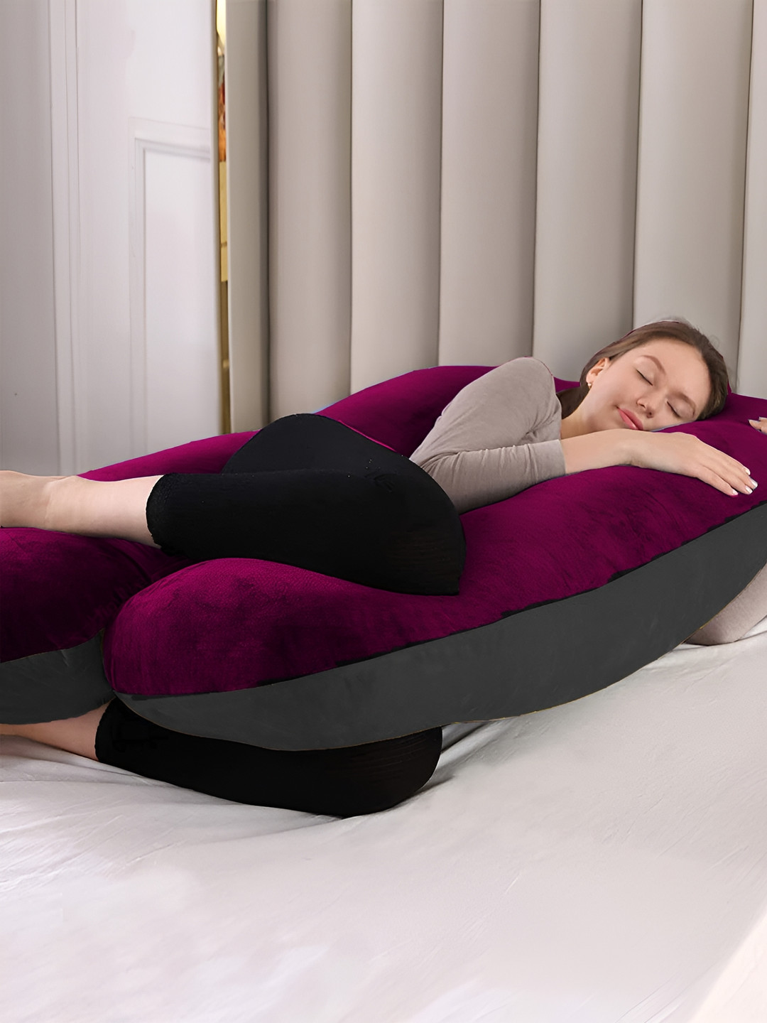 DADDY COOL Velvet U Maroon Solid Faux Velvet Breathable Firm Fibre Maternity Pillow-25.4 x 76.3 x 135 cm