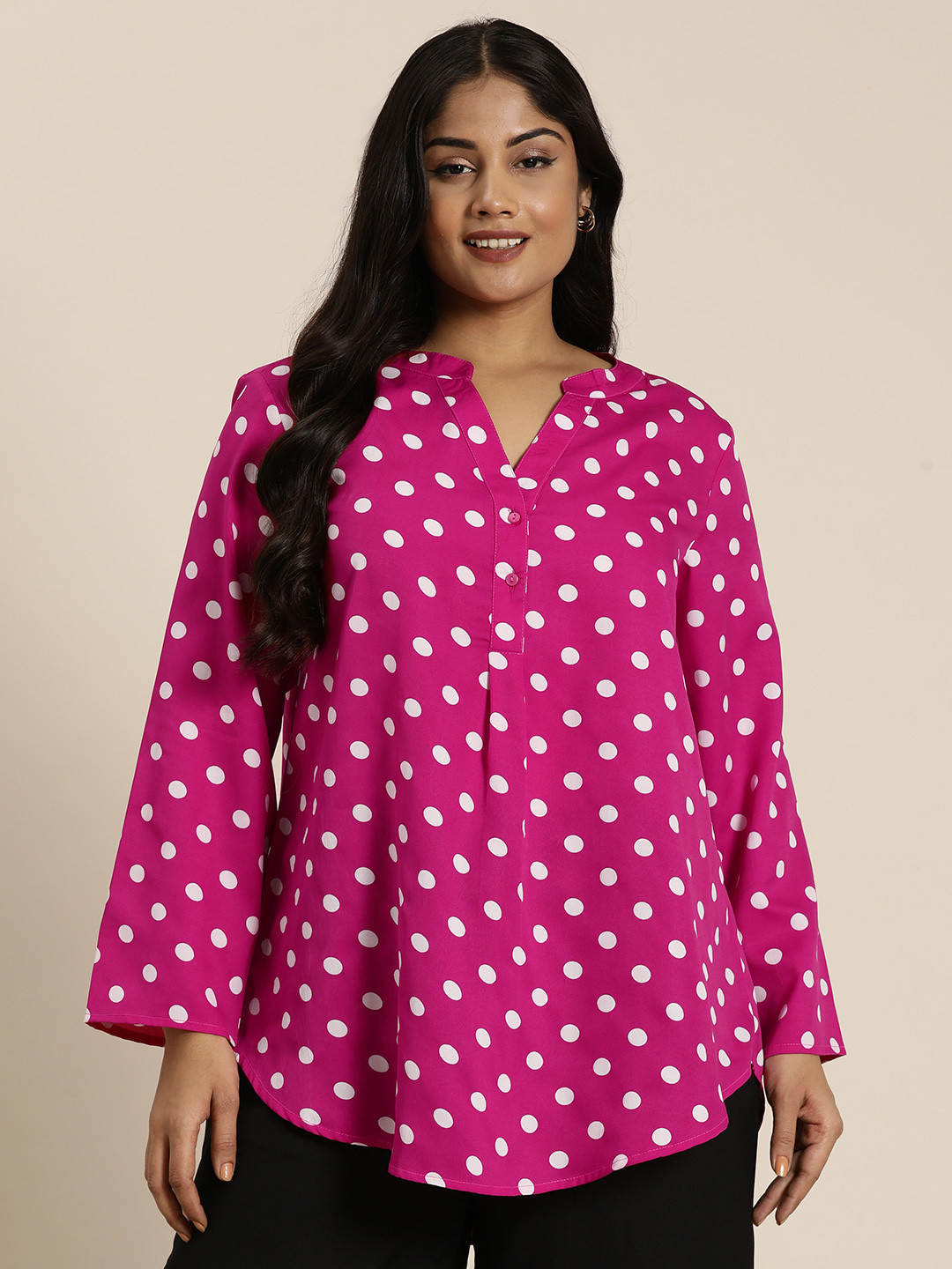 Qurvii+ Plus Size Comfort Polka Dot Printed Casual Shirt