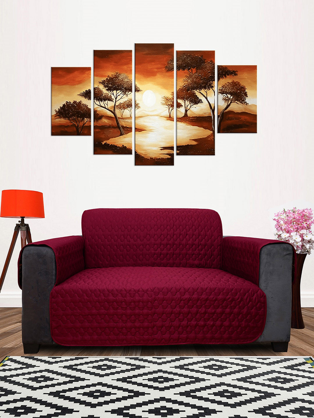 DREAM CARE Maroon & Coffee Brown Quilted Reversible 2 Seater Sofa Cover With Pocket