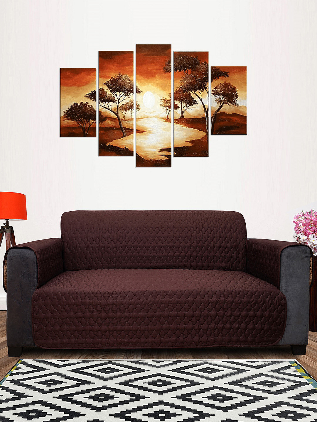 DREAM CARE Coffee Brown & Beige Quilted Reversible 3 Seater Sofa Cover With Pockets