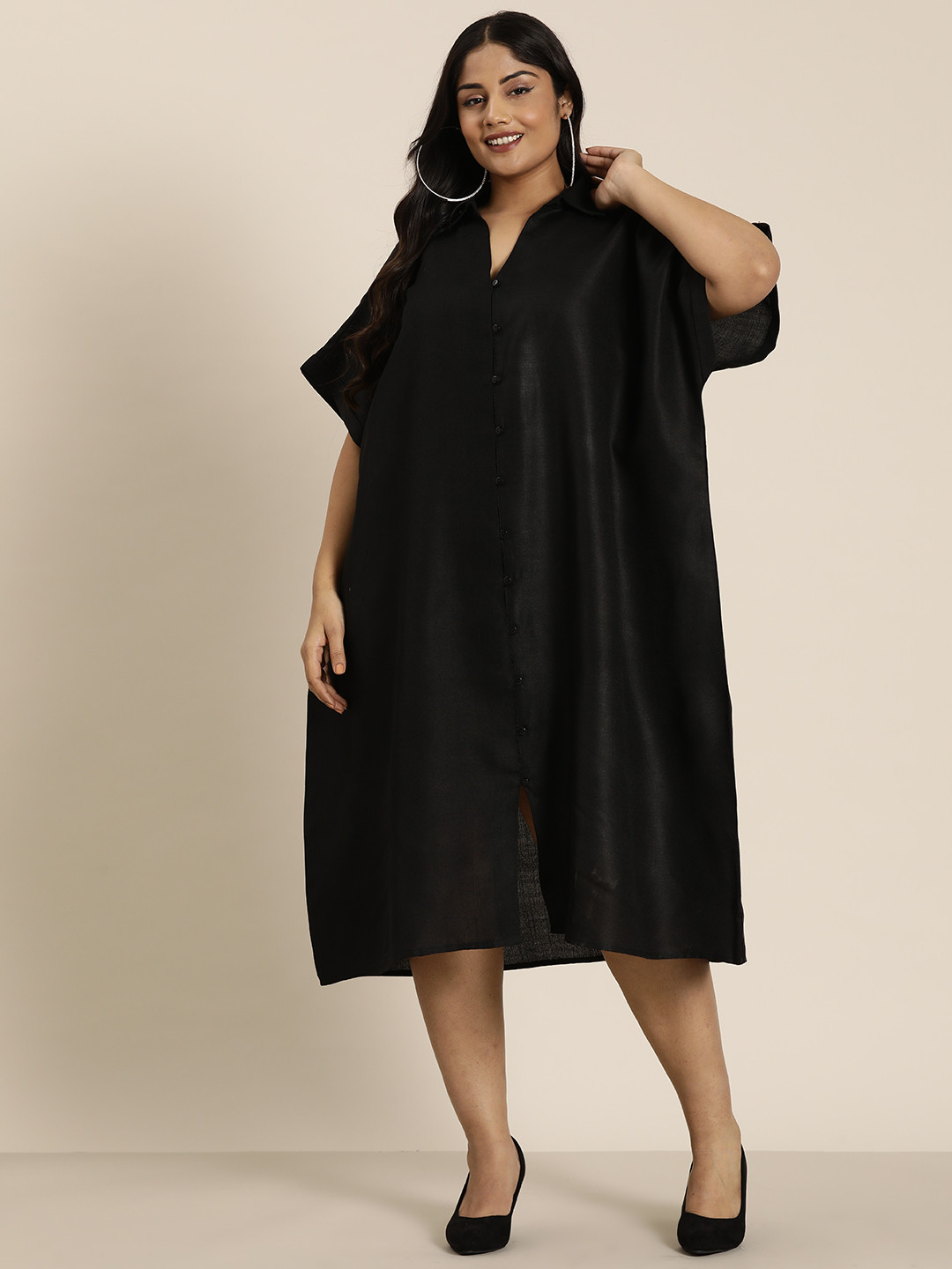 Qurvii+ Plus Size Solid Kimono Sleeve Oversized Shirt Dress