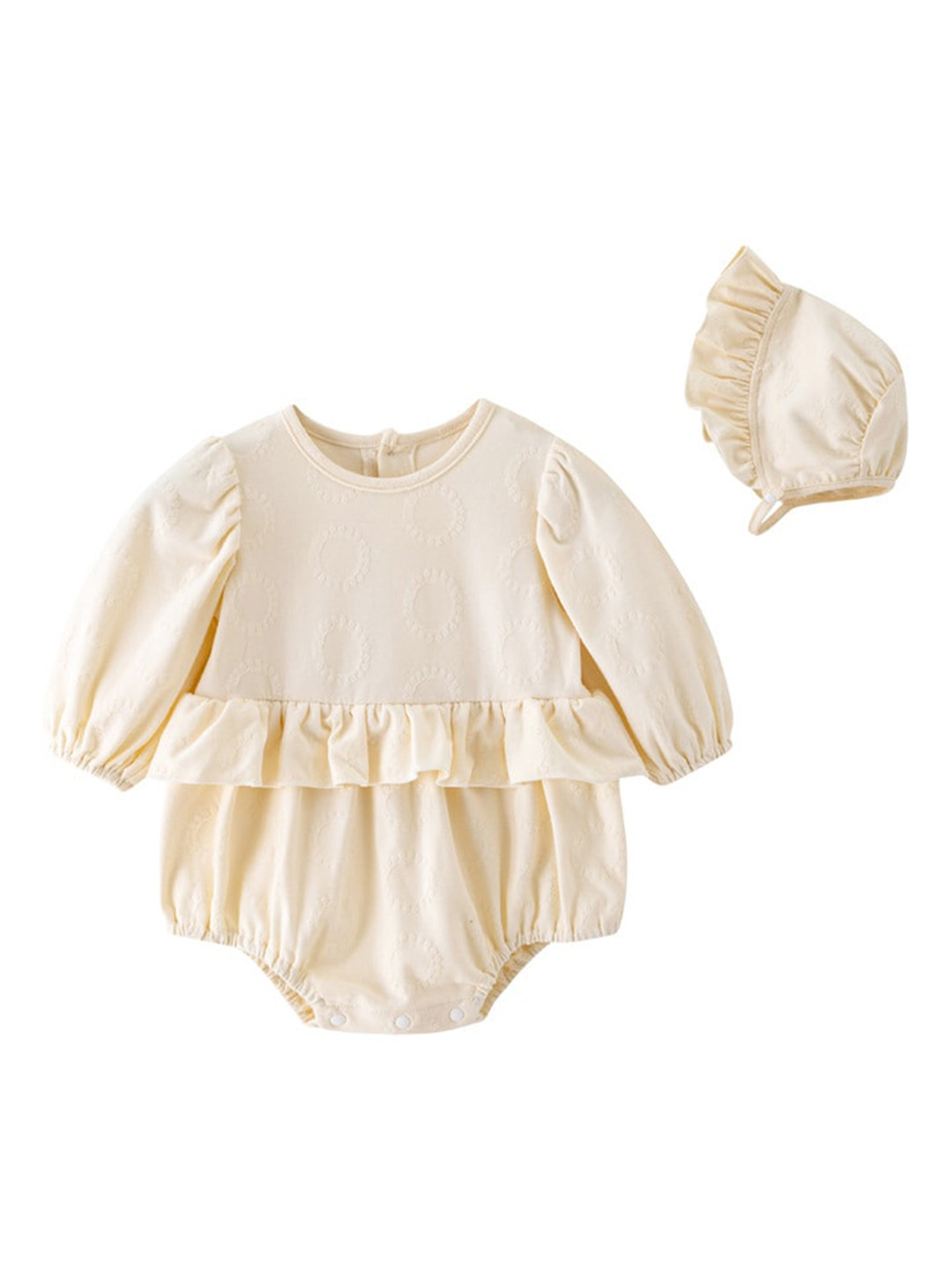 StyleCast Infant Girls Beige Self Design Cotton Rompers With Cap