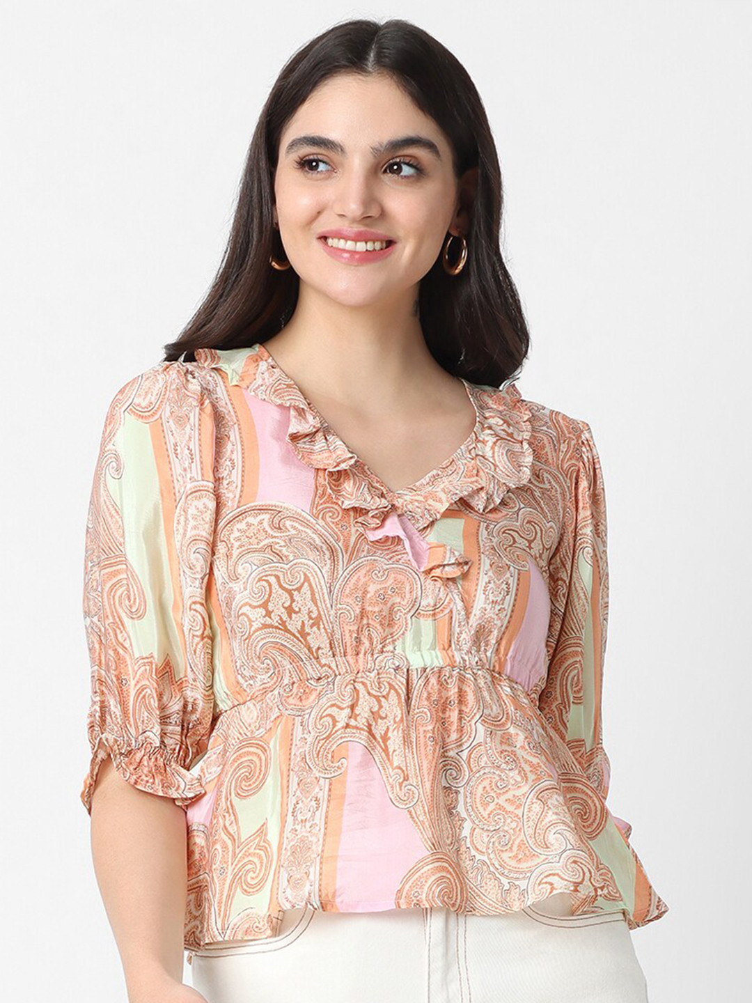 VASTRADO Beige Print Puff Sleeve Bohemian Crop Top