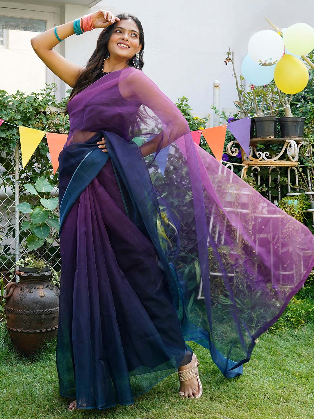 TEEJH Purple & Blue Ombre Dyed Organza Saree