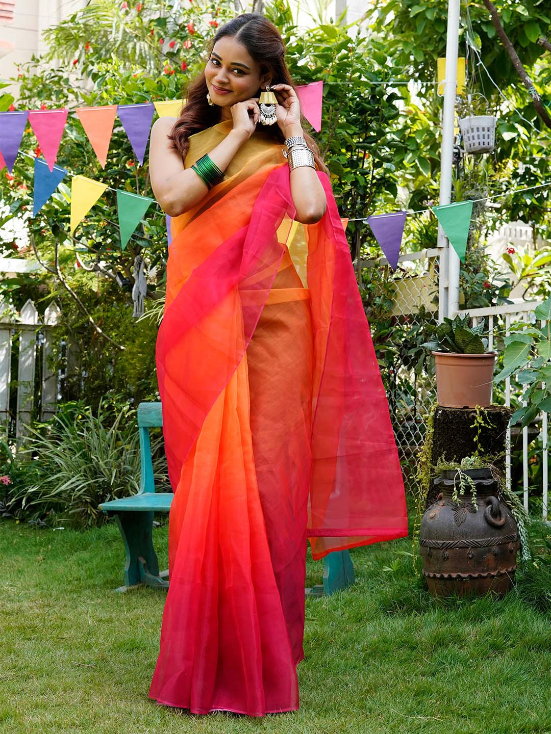 TEEJH Oisha Pink & Yellow Ombre Dyed Organza Saree