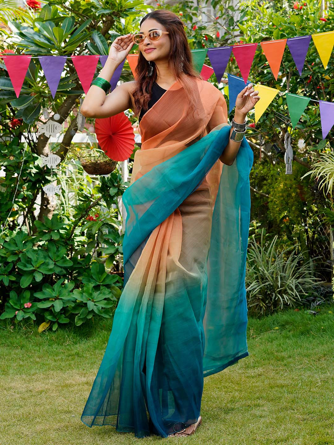 TEEJH Chaayal Ombre Organza Saree