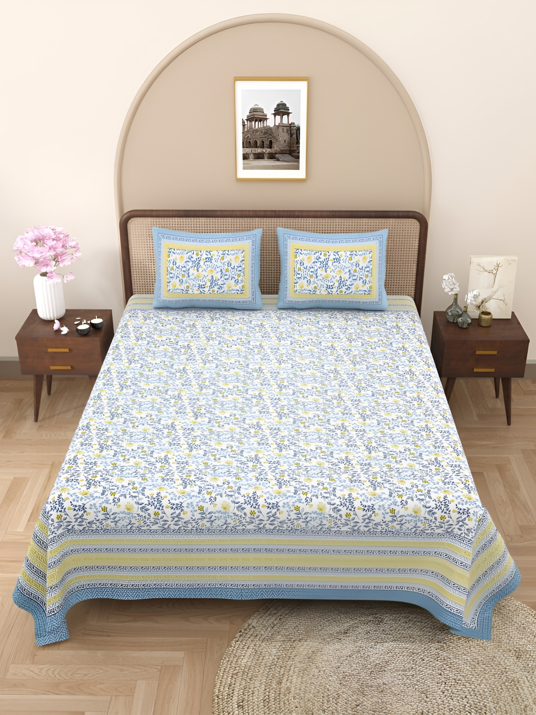 Urban Jaipur Jpfloral_Bl Blue Floral Cotton 186 TC Queen Fine Bedsheet with 2 Pillow Covers-90 x 108 inches