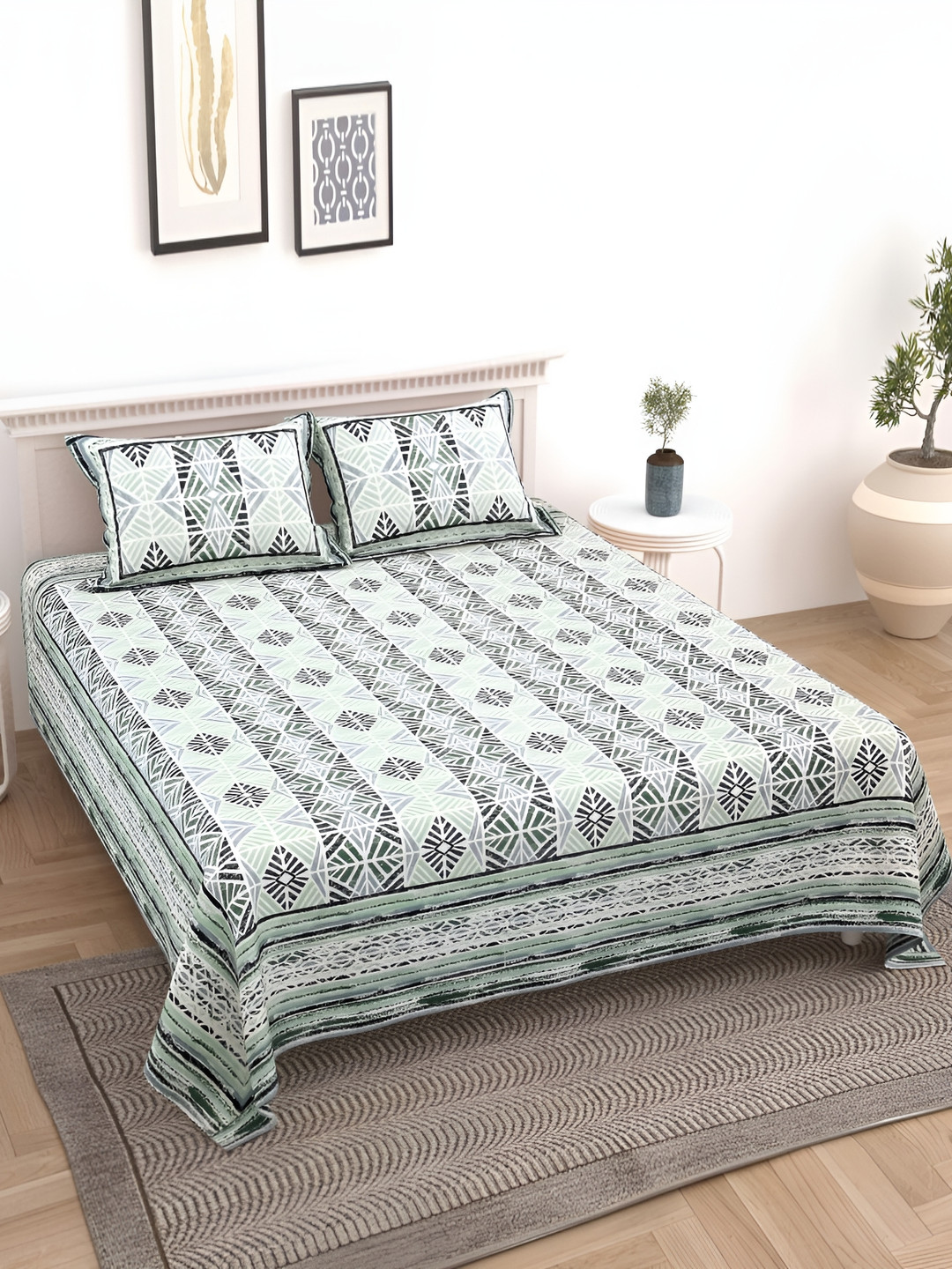 Urban Jaipur Gracegeo Green Self Design Cotton 186 TC King Fine Bedsheet with 2 Pillow Covers-100 x 108 inches