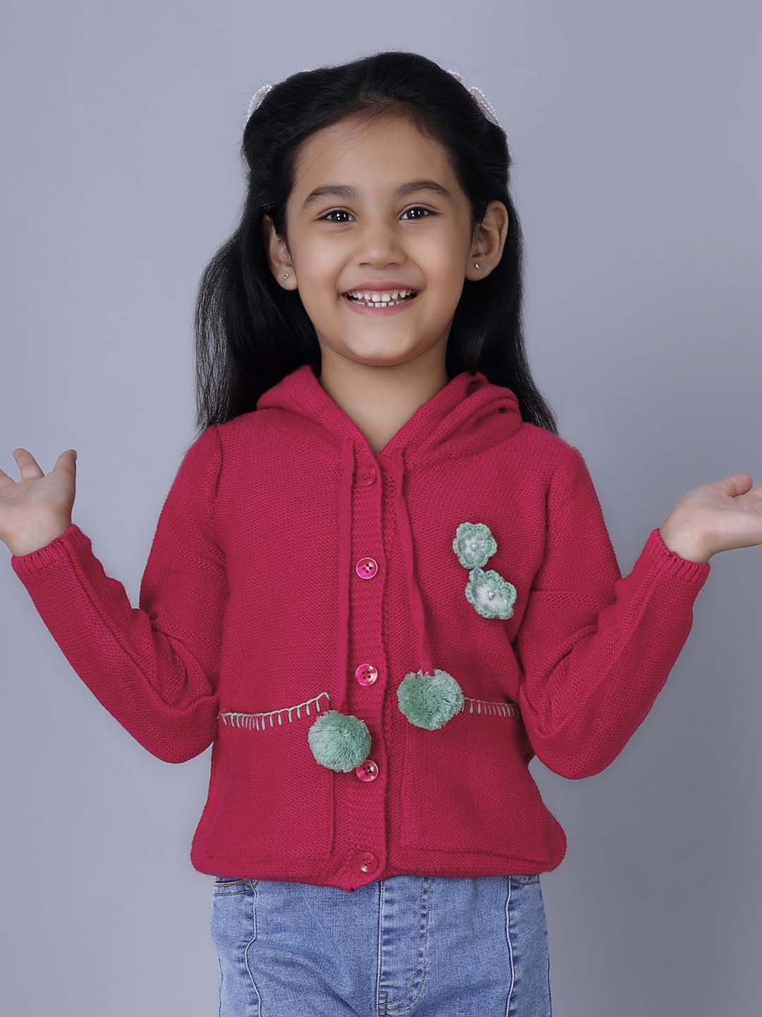 JoE Hazel Girls Floral Embroidered Acrylic Hooded Cardigan Sweatshirt