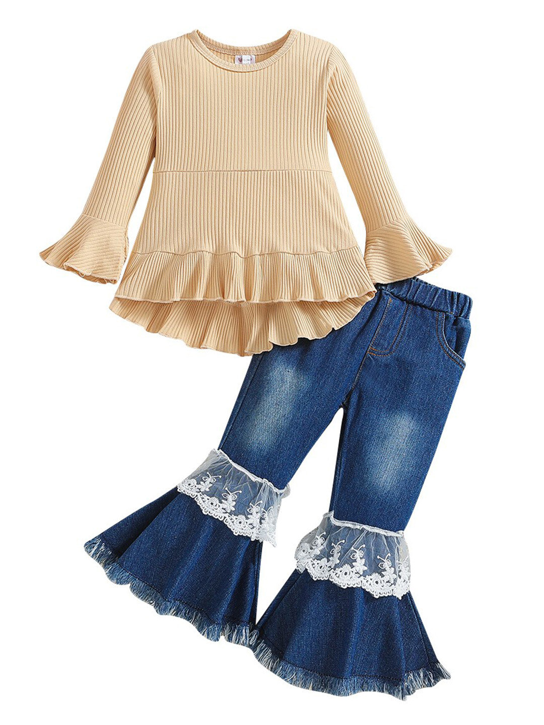 StyleCast Girls Blue & Beige Self Design Bell Sleeves Top With Flared Jeans