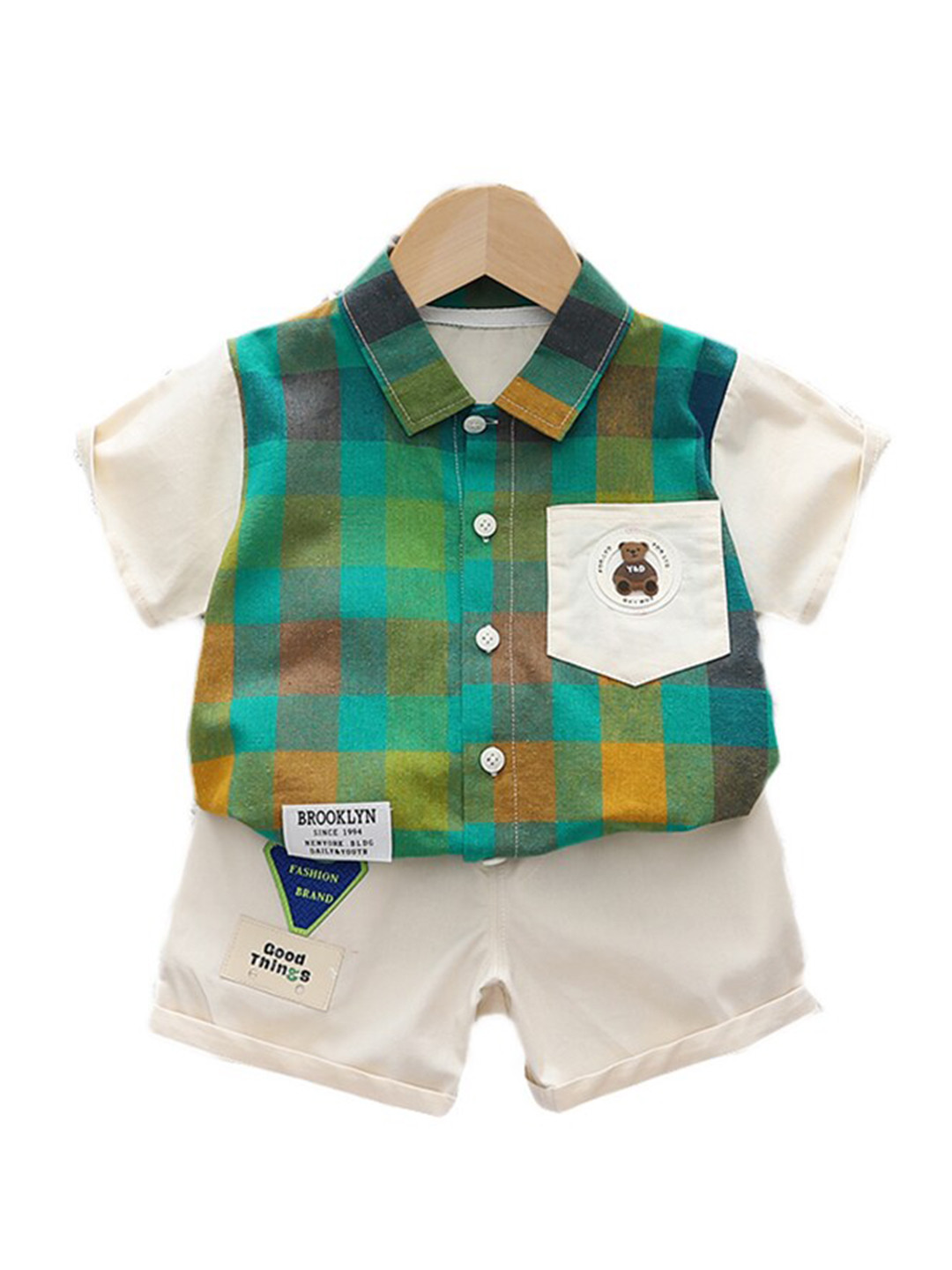 StyleCast Kids Green Checked Pure Cotton Shirt with Shorts