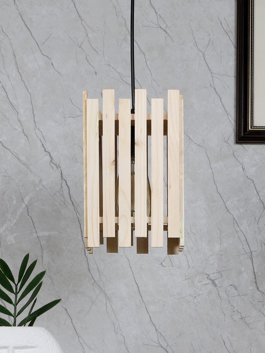 MFD HOME FURNISHING Beige & Black Wooden Rectangle Shape Pinjara Pendant Ceiling Lamp