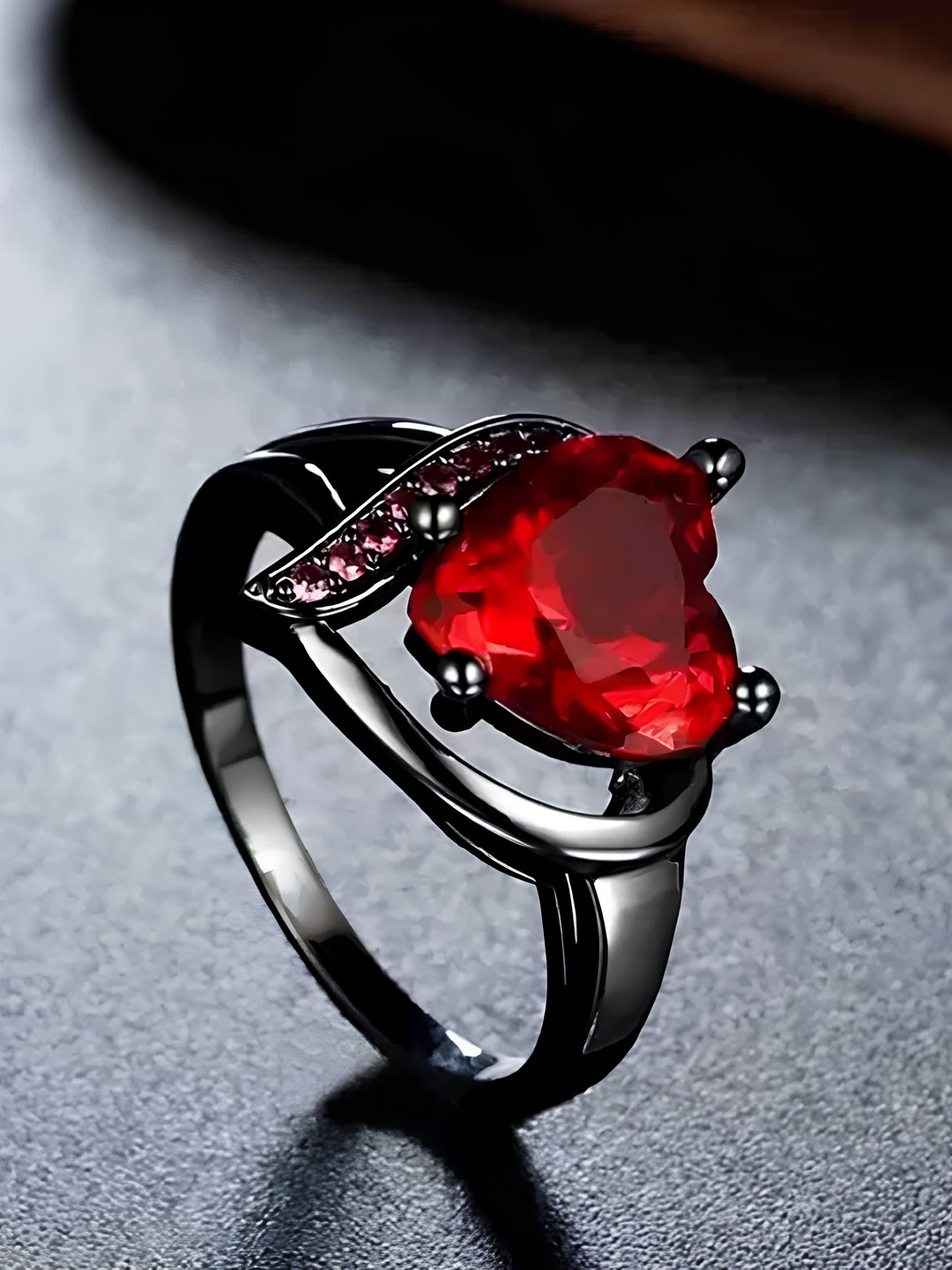KARISHMA KREATIONS Rhodium-Plated CZ Studded Valantine Blood Heart Finger Rings