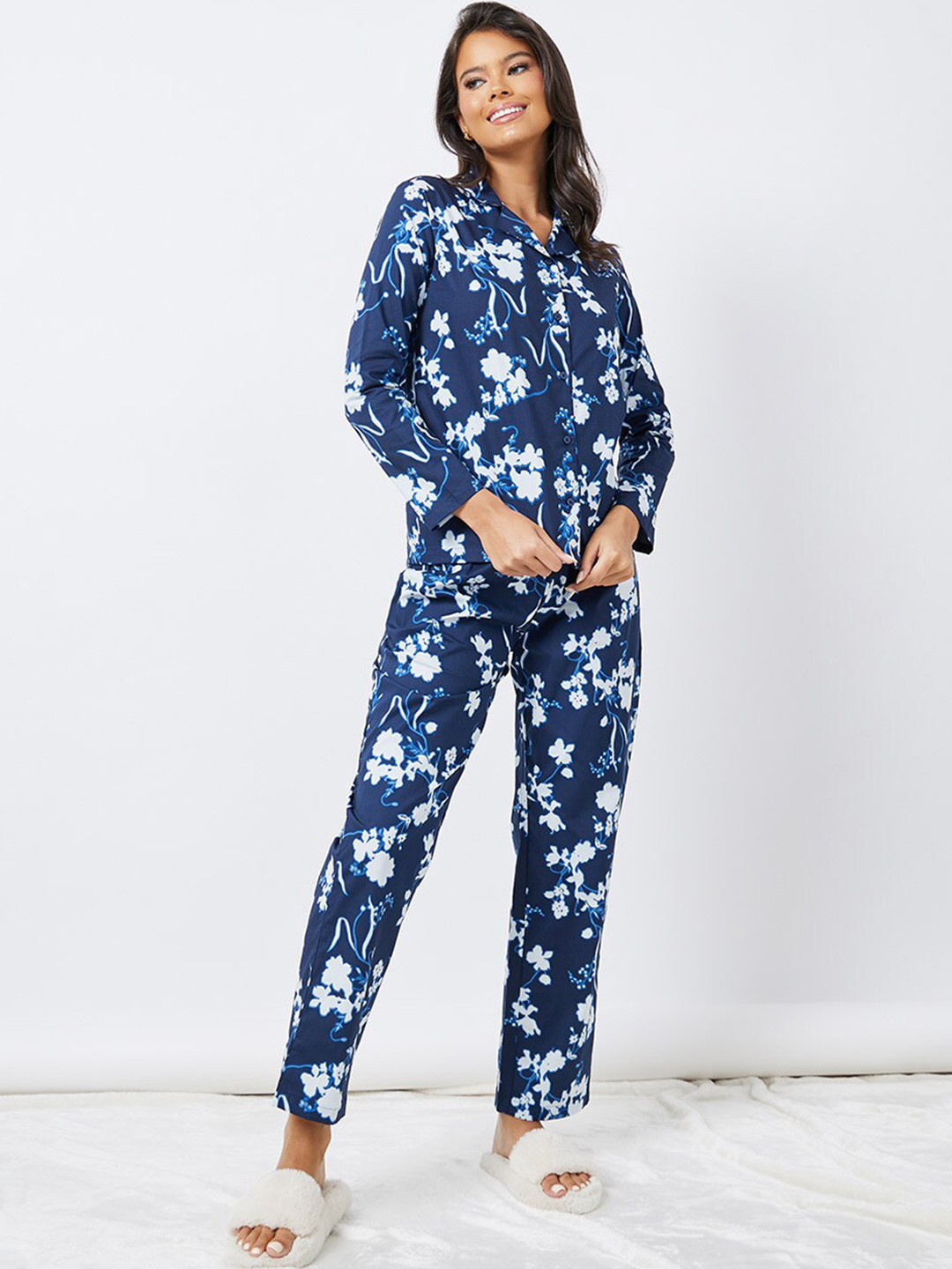 Styli Navy Blue & White Floral Printed Cotton Shirt and Pyjama Night suit