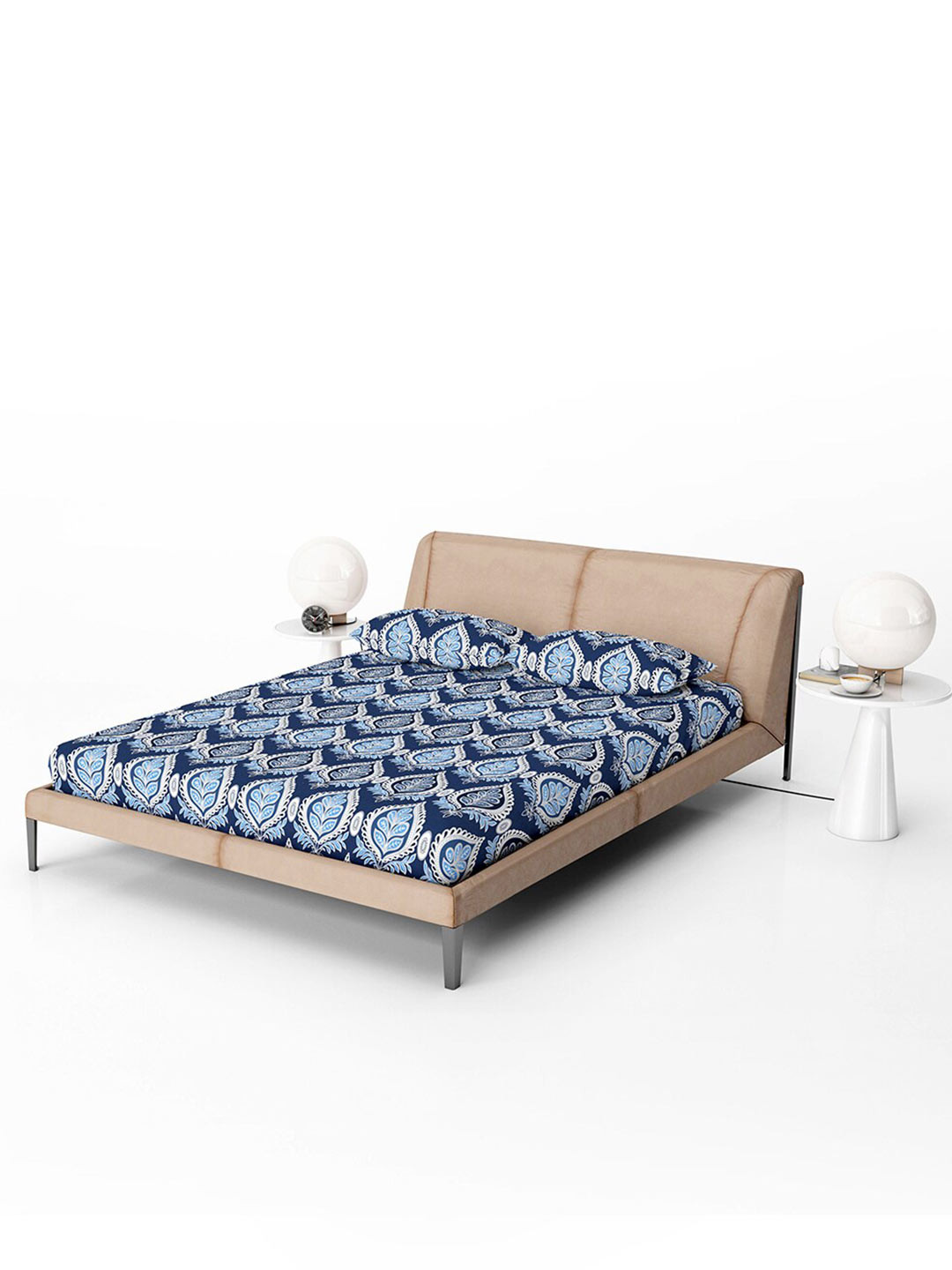 Divine Casa Blue Ethnic Motifs Cotton 144 TC Fitted Queen Bedsheet with 2 Pillow Covers-150 x 200 x 25 cm